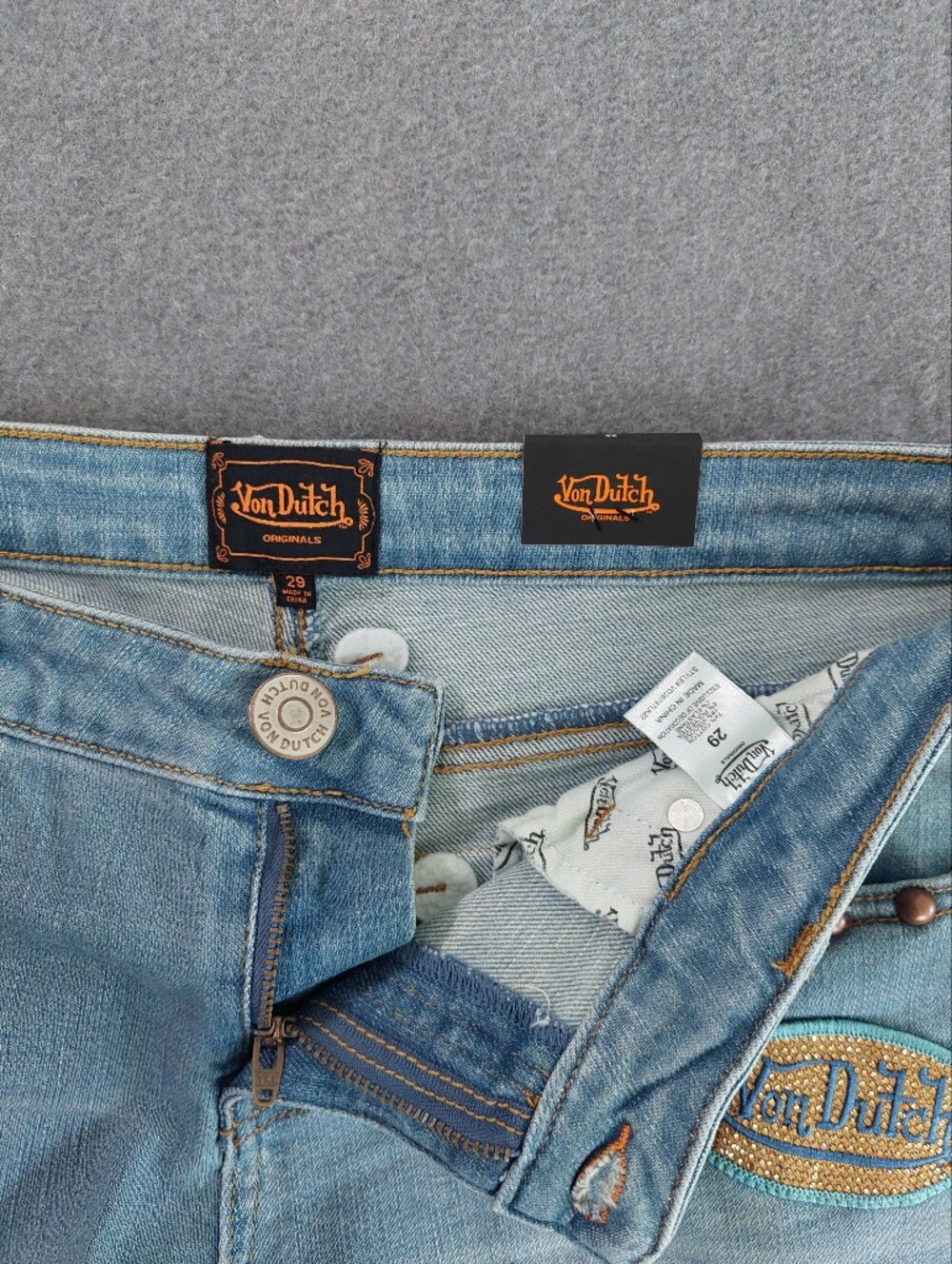 Von Dutch Originals NWT Low Rise Flare Jeans Studded Patch Size 29 Y2K McBling - Picture 8 of 13